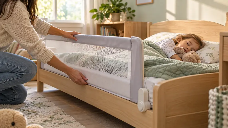 Toddler sleeping safely in a low bed with a properly fitted mesh bed rail