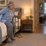 Older adult sitting at the edge of a low bed and using a bedside support rail before standing