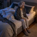 Older adult seated safely at the edge of a bed in a dim bedroom at night