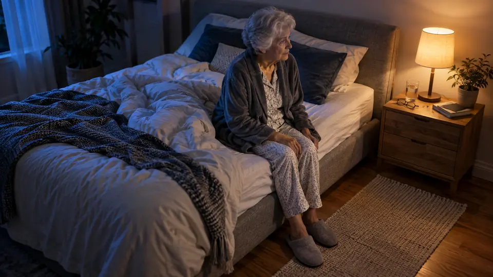 Older adult seated safely at the edge of a bed in a dim bedroom at night
