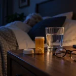 Unlabeled sleeping medication bottle, water glass, and reading glasses on a bedside table
