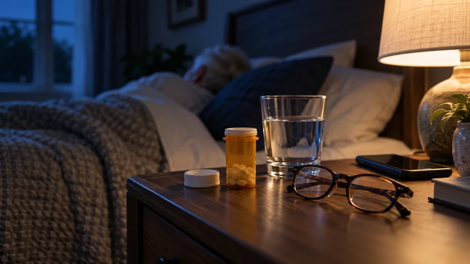 Unlabeled sleeping medication bottle, water glass, and reading glasses on a bedside table