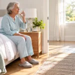 Older adult drinking water beside a bed in a bright bedroom