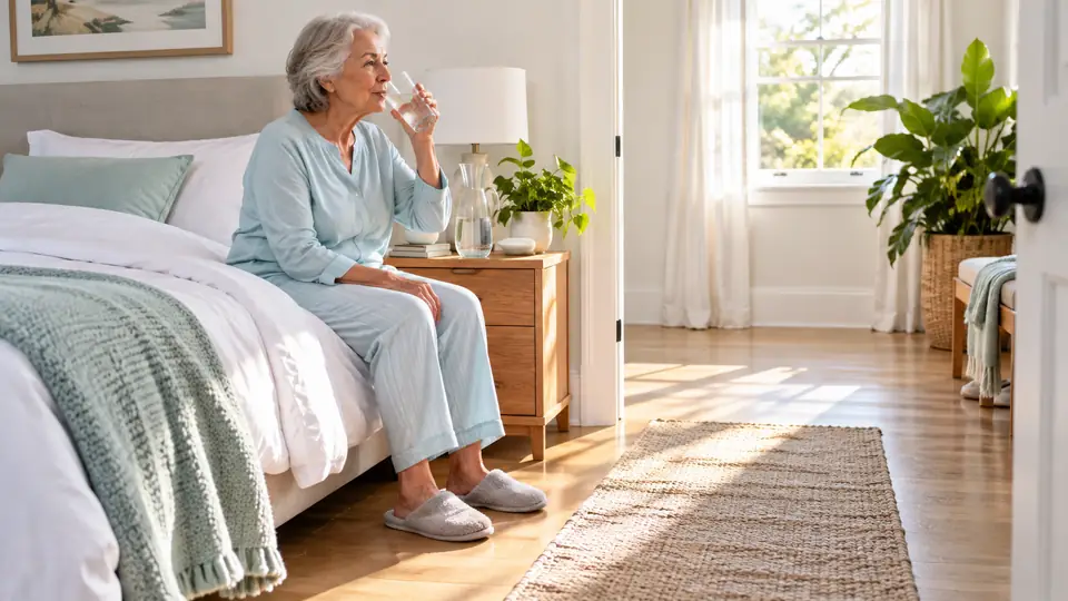 Older adult drinking water beside a bed in a bright bedroom