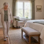 Older adult walking carefully through a bedroom beside a bed