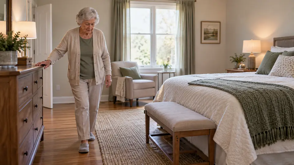Older adult walking carefully through a bedroom beside a bed