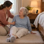 Caregiver helping an older adult sit safely beside a bed after a fall