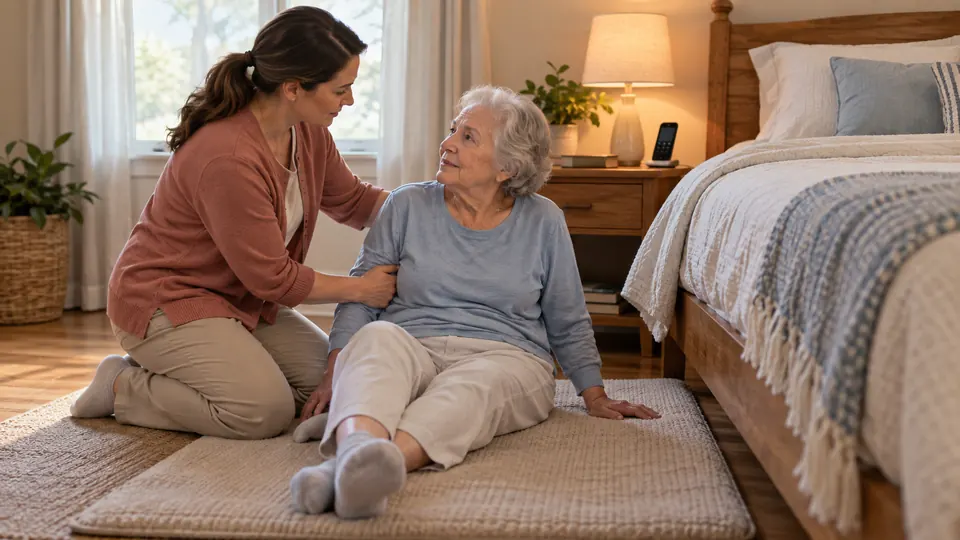Caregiver helping an older adult sit safely beside a bed after a fall