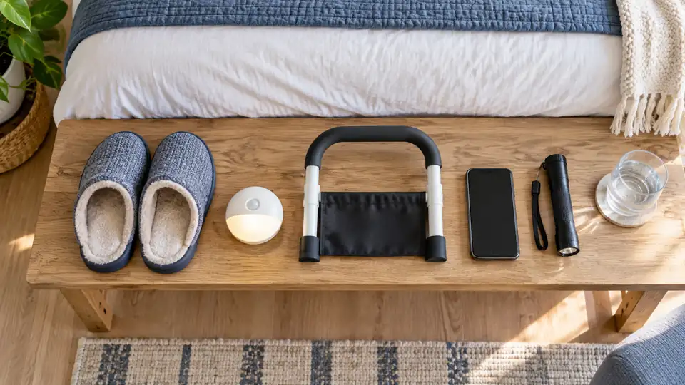 Fall prevention items arranged beside a senior bed including slippers, night light, and bed rail handle