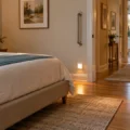 Fall-safe bedroom with a low bed, grab bar, night light, and clear path to the bathroom