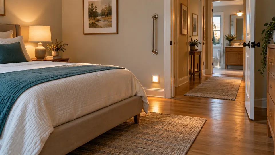 Fall-safe bedroom with a low bed, grab bar, night light, and clear path to the bathroom