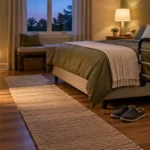 Senior bedroom with a clear walking path, bedside rail, and motion night light