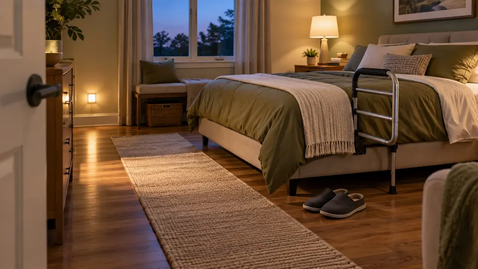 Senior bedroom with a clear walking path, bedside rail, and motion night light
