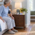 Older adult pausing at bedside with blood pressure monitor and pill organizer