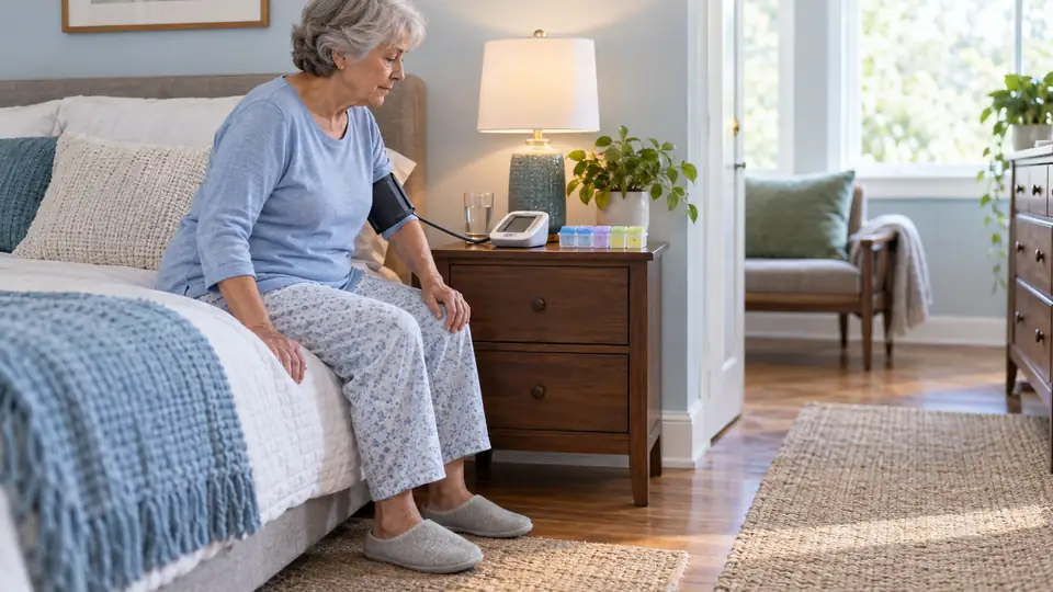 Older adult pausing at bedside with blood pressure monitor and pill organizer