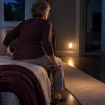 Older adult rising beside a bed with a visual alert light and hearing aid case
