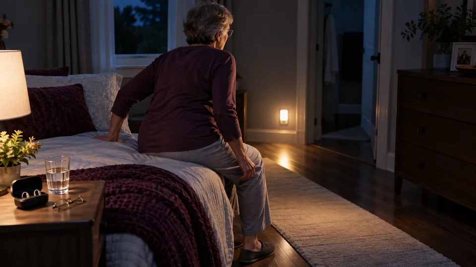 Older adult rising beside a bed with a visual alert light and hearing aid case