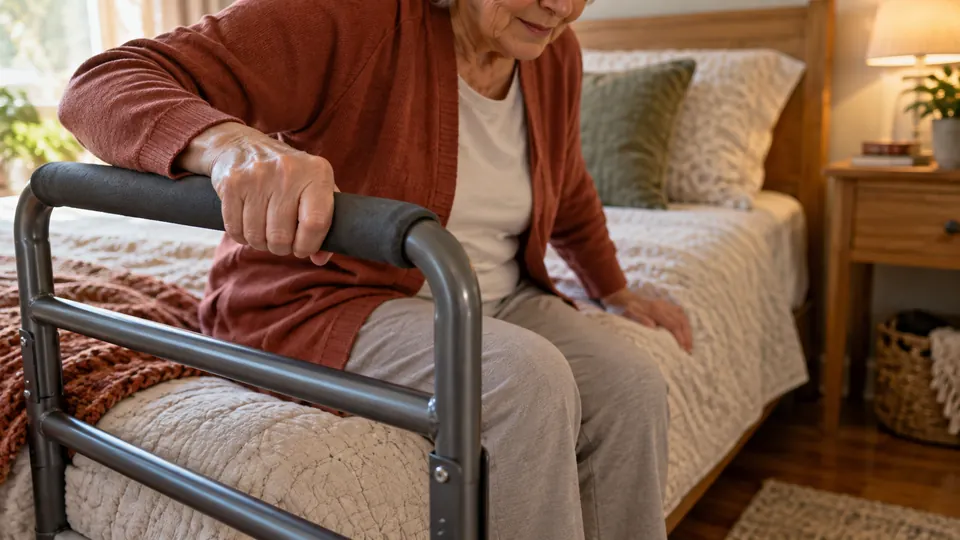 Older adult using a padded bed rail while standing with arthritis-related stiffness