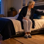Older adult wearing glasses and adjusting a bedside lamp in a safe bedroom