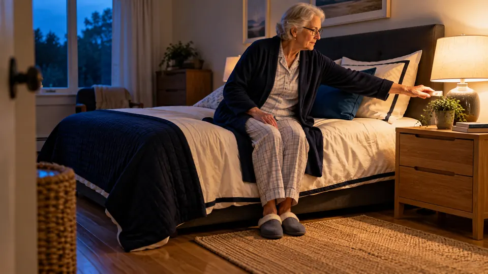 Older adult wearing glasses and adjusting a bedside lamp in a safe bedroom
