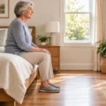 Older adult sitting with feet flat on a low bed to demonstrate a safe bed height