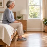 Older adult sitting with feet flat on a low bed to demonstrate a safe bed height