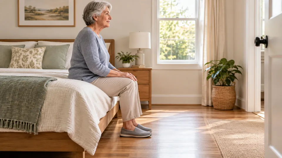 Older adult sitting with feet flat on a low bed to demonstrate a safe bed height